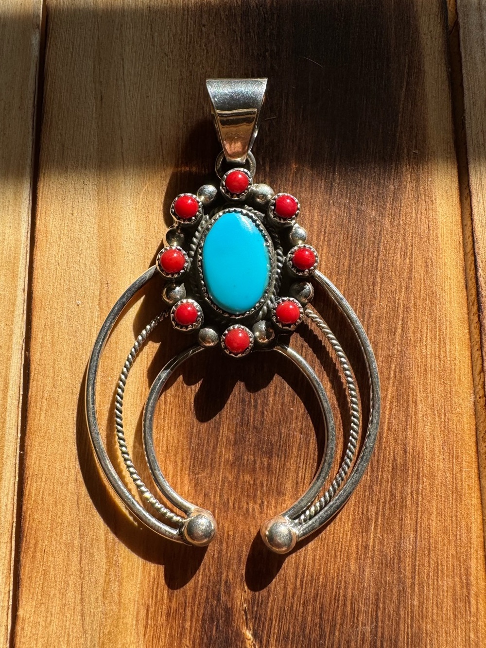 Red Coral and Turquoise Naja Pendant Sterling Silver